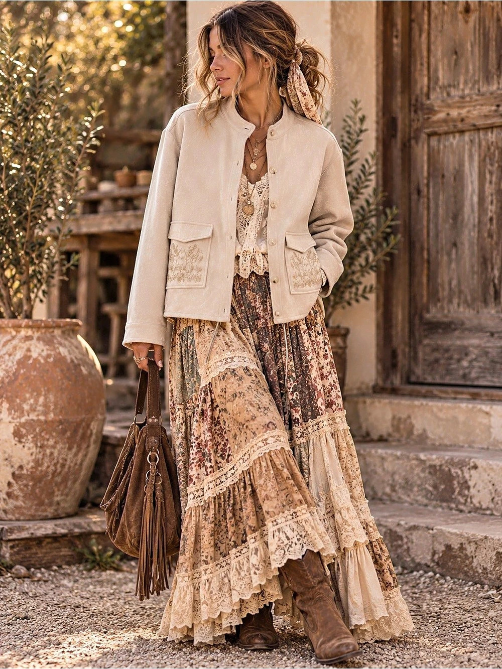 Anthropologie Solitaire Embroidered Faux Suede Jacket Cream Boho Western Size L